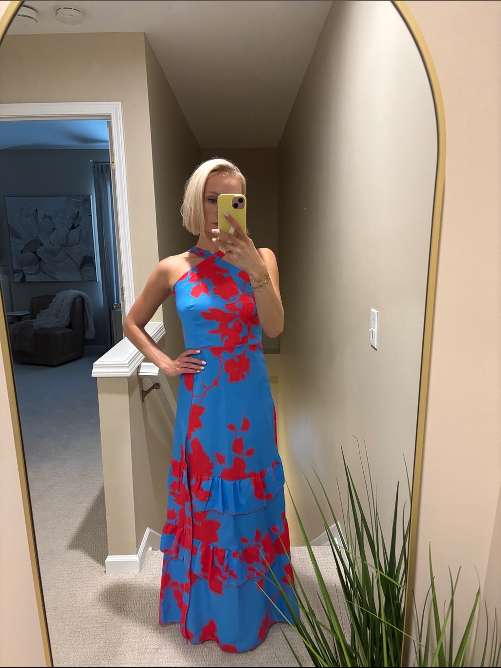 Blue Floral Halter Maxi Dress with Red Print